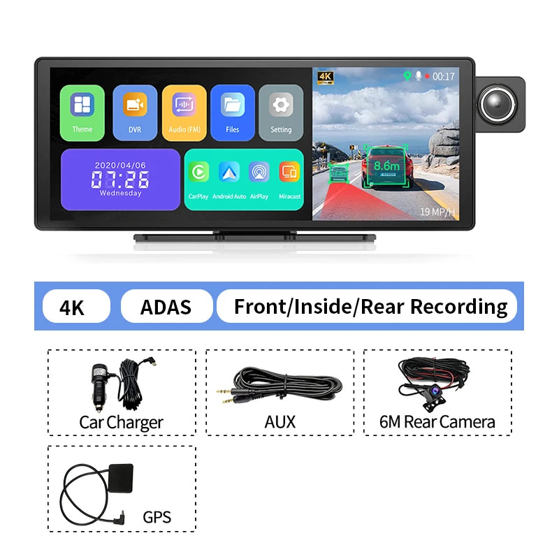 11.3" Imagebon H50 Dash Cam 4K - ADAS, Wireless CarPlay & Android Auto, 3-Channel Recording, Time Lapse & 24H Park Monitor