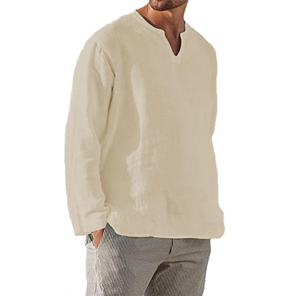 Men's Cotton Linen Long Sleeve Shirt - Breathable V-Neck Casual Lightweight Hawaiian Style Top