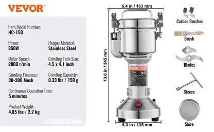 SucceBuy 150-2500g Electric Grain Mill Grinder – Commercial Spice & Herb Grinder for Coffee, Corn & Cereals
