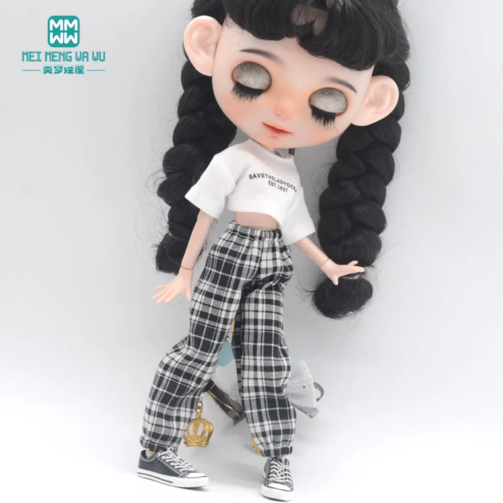 Blythe Doll Clothes – Fashion Tops, Black & White Shirts with Jeans & Plaid Pants for Azone OB22/OB24 Dolls