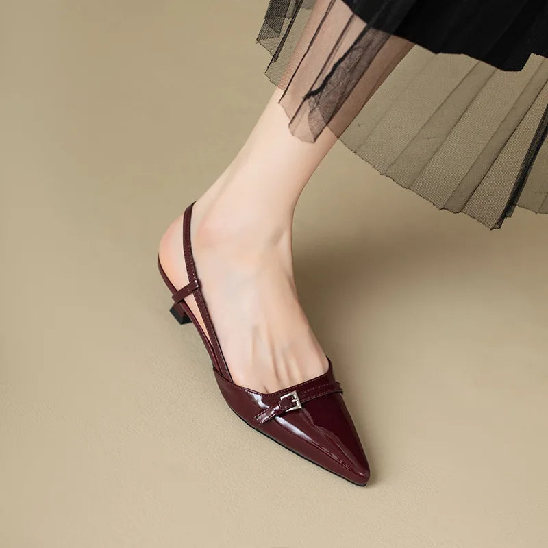 2024 Summer French Wine Red Pointed Patent Leather Mid-Heel Sandals for Women - Retro Skinny Heel