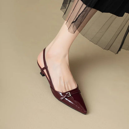 2024 Summer French Wine Red Pointed Patent Leather Mid-Heel Sandals for Women - Retro Skinny Heel