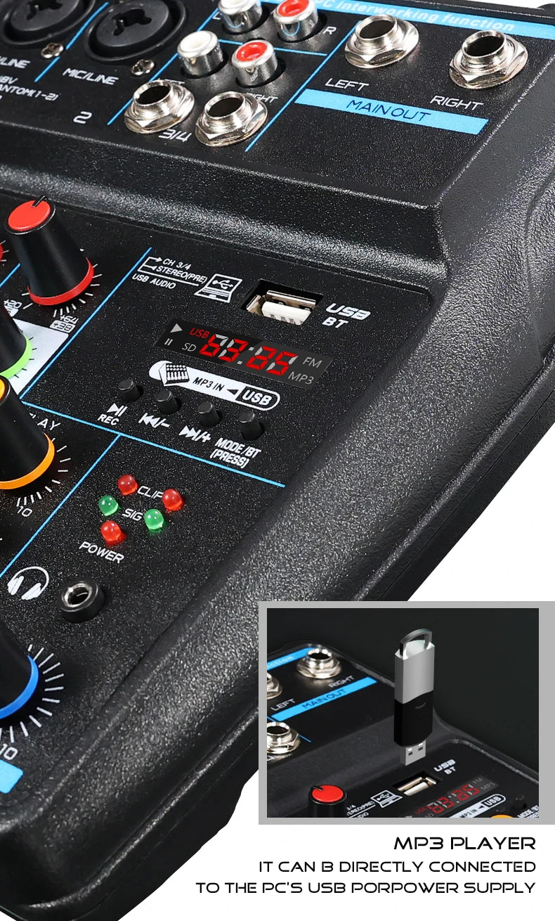 4 Channel DJ Mixer Console – Bluetooth, 48V Phantom Power, USB Audio Interface for Monitor & Karaoke System