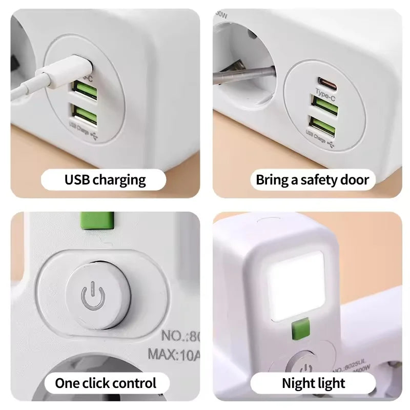 EU Plug Power Strip – 4 AC Outlets, 2 USB & 1 Type-C Ports with Independent Switch and Night Light