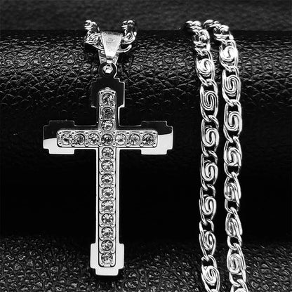 HNSP Stainless Steel Zircon Cross Necklace Pendant – Luxury Jewelry Accessories for Men & Women Fashion Gift