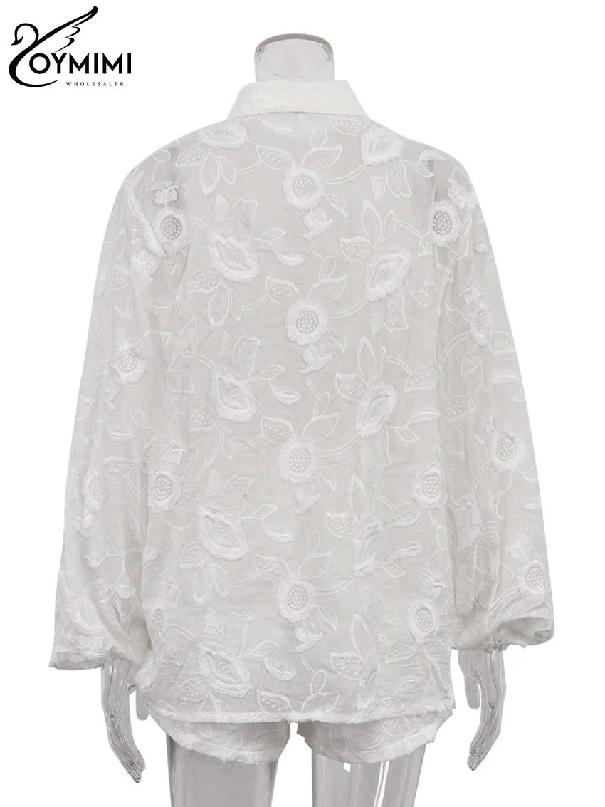 Oymimi Women’s Summer 2-Piece Cotton Set – White Jacquard Button Shirt & High Waist Shorts Casual Outfit for Women