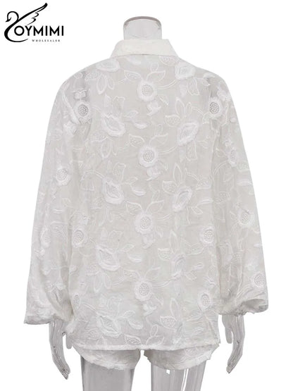 Oymimi Women’s Summer 2-Piece Cotton Set – White Jacquard Button Shirt & High Waist Shorts Casual Outfit for Women
