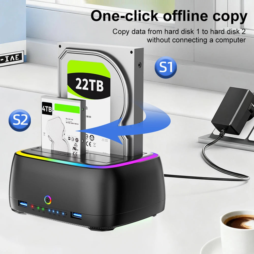 7-in-1 Dual Bay Hard Drive Docking Station USB 3.0 – 5Gbps SATA HDD/SSD Clone Enclosure for 2.5" & 3.5" Drives, TF/SD Card Reader