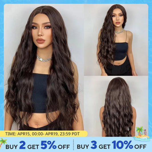 HAIRCUBE Long Brown Curly Wavy Wig: Synthetic Middle Part Wig for Women - Heat Resistant, Perfect for Any Occasion