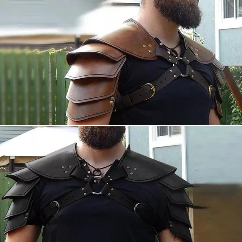 Medieval Steampunk Viking Armor – PU Leather Adjustable Shoulder & Arm Guards for Men & Women, LARP Cosplay Warrior Costume