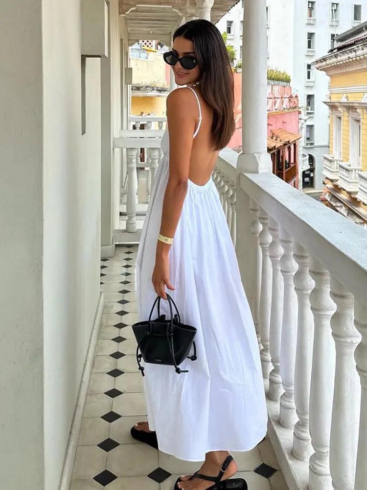 Summer Seduction: Sleeveless V Neck Midi Dress - Sexy Backless Style,  Fashion for Women, Casual Loose Beach Holiday White Long Dress