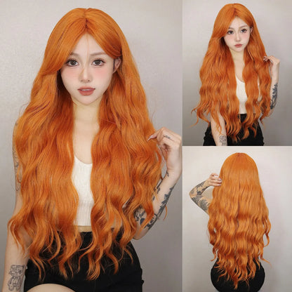 Long Orange Water Wave Wig for Women — Synthetic Wavy Hair with Bangs, Heat-Resistant for Cosplay & Party