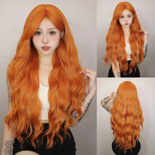 Long Orange Water Wave Wig for Women — Synthetic Wavy Hair with Bangs, Heat-Resistant for Cosplay & Party