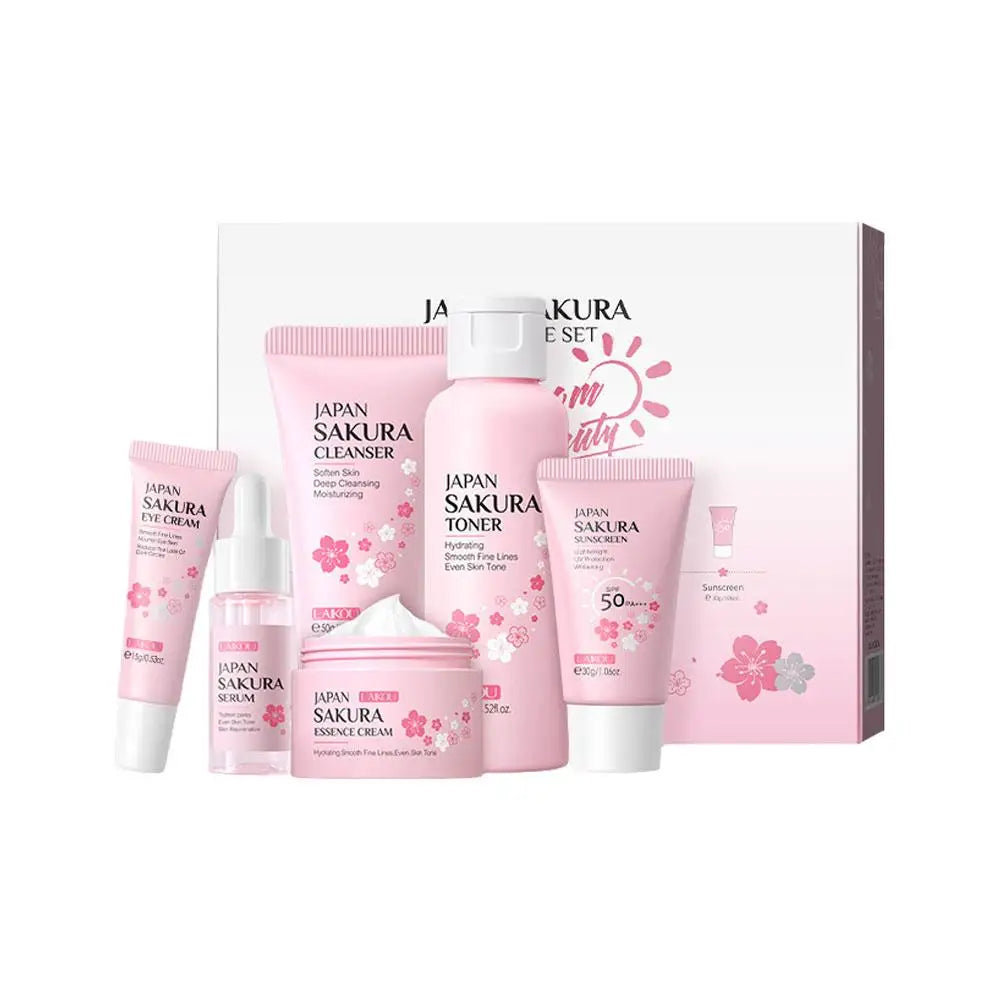 6PCS Sakura Skincare Set – Face Cream, Serum, Toner, Cleanser, Sunscreen & Eye Cream in Gift Box