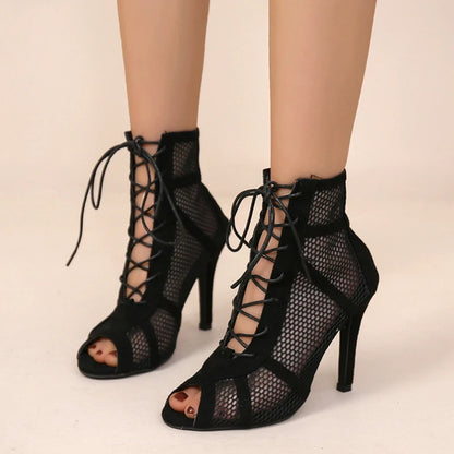 Sexy High Heel Mesh Sandals – Women's Summer Peep Toe, Cross-Tied Ankle Strap Dance Shoes, Black Hollow Design