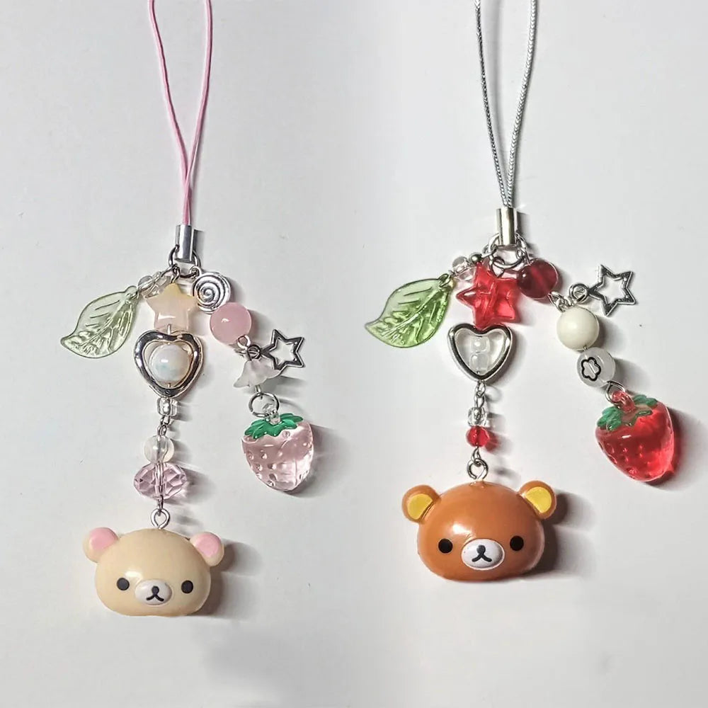 Cute Bell Bear Phone Charm - Y2K Handmade Strawberry Beaded Keychain & Matching Couple Gift Accessory