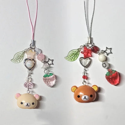 Cute Bell Bear Phone Charm - Y2K Handmade Strawberry Beaded Keychain & Matching Couple Gift Accessory