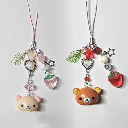 Cute Bell Bear Phone Charm - Y2K Handmade Strawberry Beaded Keychain & Matching Couple Gift Accessory