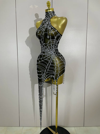 Sparkly Diamond Mesh Asymmetric Bodycon Mini Dress — Sexy Women Nightclub Party Gogo Dancer Stage Costume