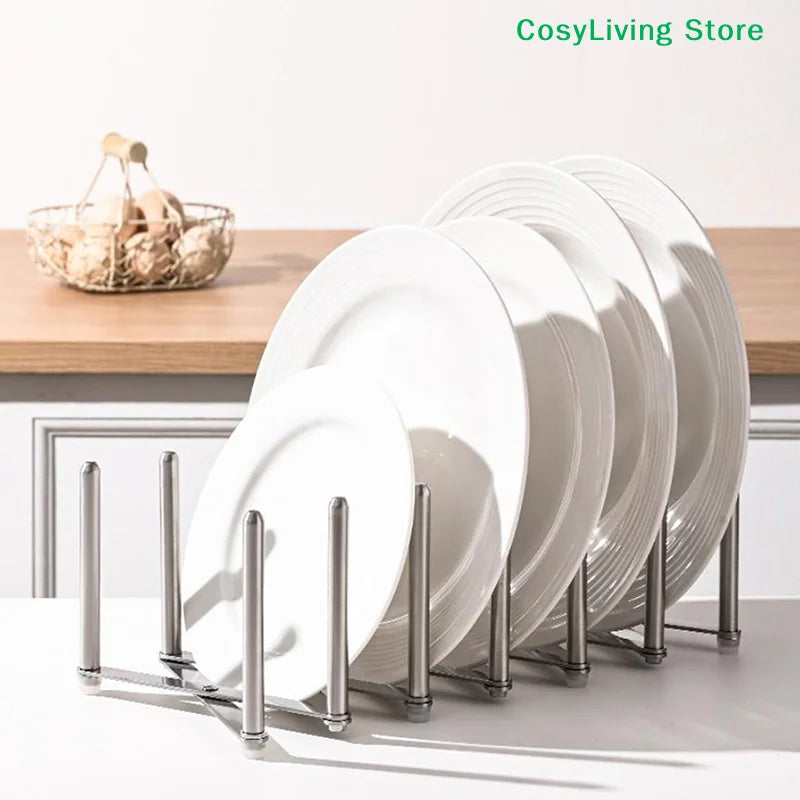 Foldable Stainless Steel Dish & Lid Rack - Retractable Pot Lid Organizer for Kitchen Tableware Storage
