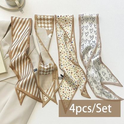 4pcs Silk Satin Scarves for Women – Hair Bands, Neck Ties & Bag Accessories