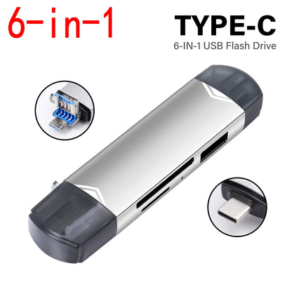 JASTER 6-in-1 USB 3.0 Card Reader – Type-C/USB TF/SD Adapter Flash Drive for Phone & Laptop