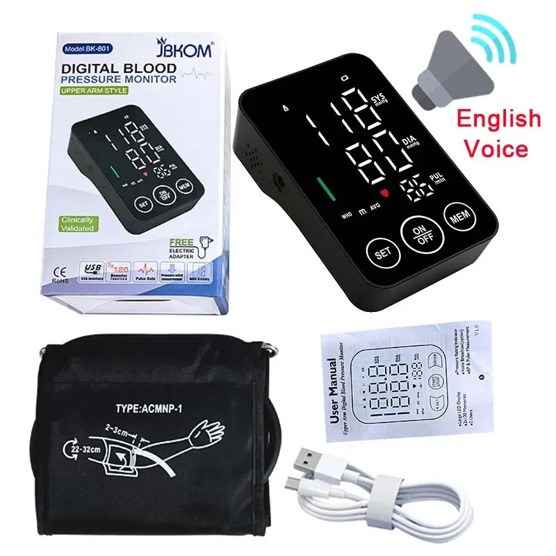 Spanish Voice Blood Pressure Monitor – Digital Arm Sphygmomanometer with LED Big Screen Tonometer