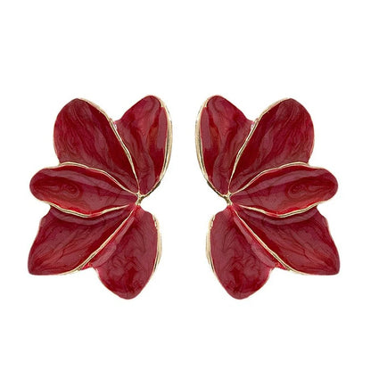 Metal Flower Red Enamel Petal Post Earrings — Trendy Fashion Jewelry for Women, Daily & Holiday Accessories MQ478