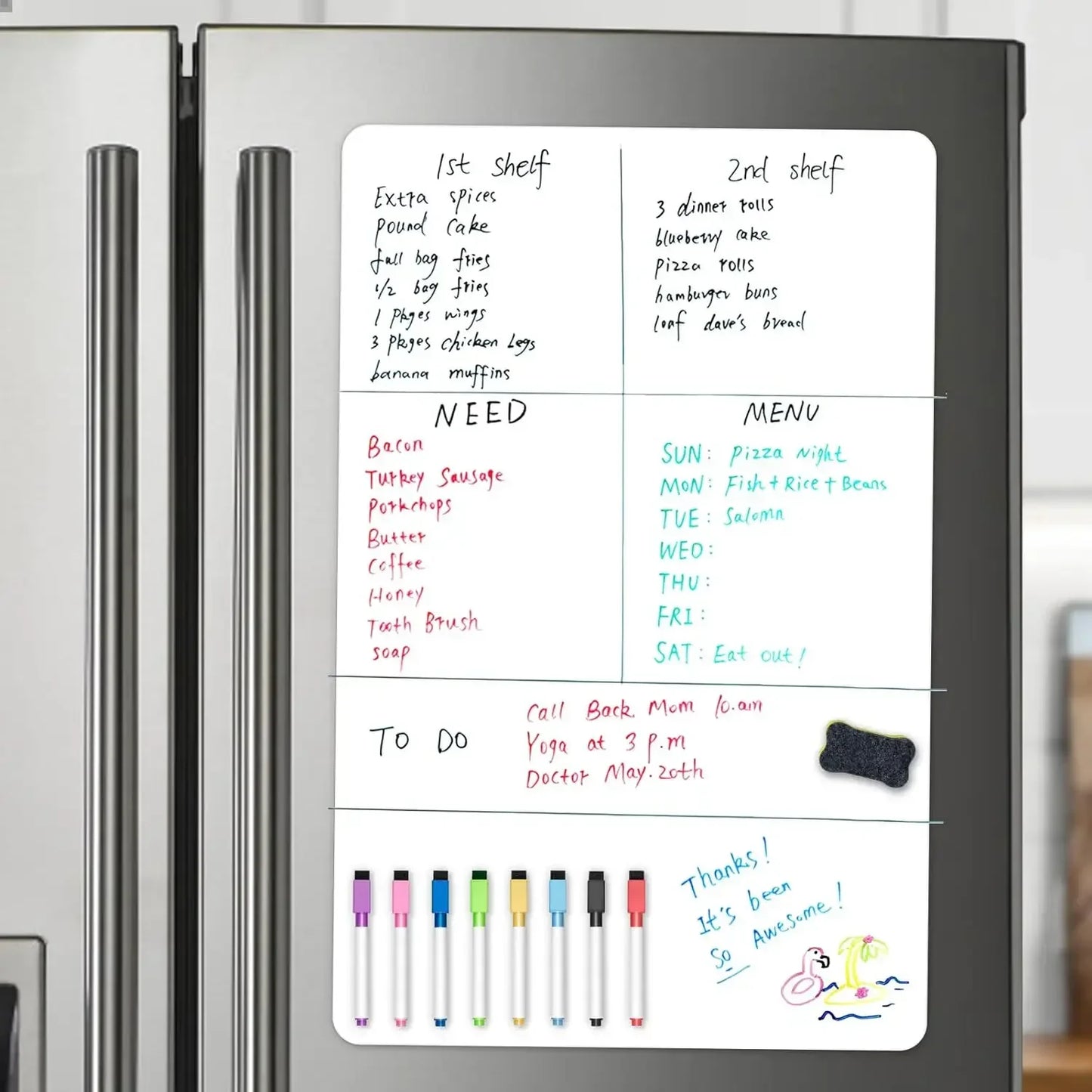 A2 Magnetic Dry Erase Whiteboard for Fridge – 23.6" x 16.5" Board with 8 Markers & Eraser