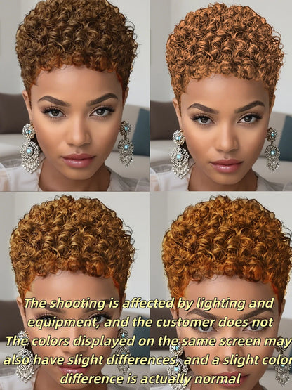 Short Afro Kinky Curly Human Hair Wig - Pixie Cut Full Machine-Made Wig for Women