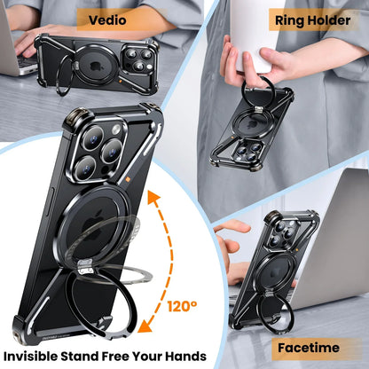 Oatsbasf Z-Shape Metal Phone Case for iPhone 15/16 Pro Max | Shockproof Cover with 360° Rotating Holder