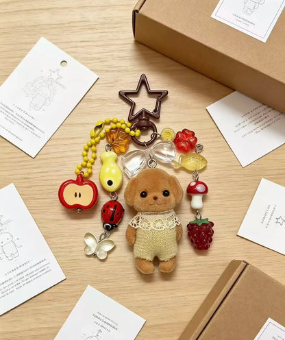 Caramel Cat Flocked Plush Keychain - Super Cute Animal Family Bag Charm & Accessory