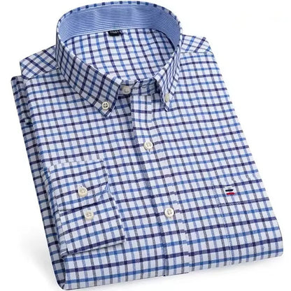 Men’s Checkered Oxford Shirt - Long Sleeve Cotton Button Down Gingham Top with Single Pocket 6XL-7XL
