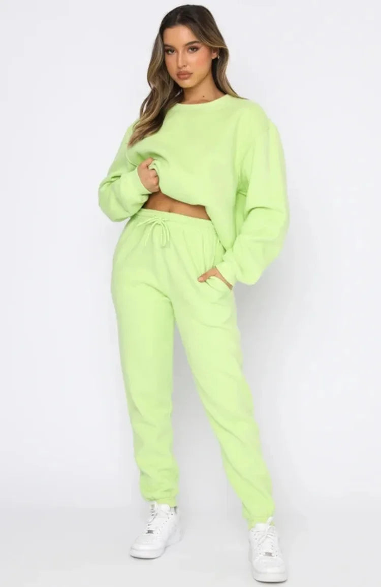 Women’s Casual Long Sleeve Sweatshirt & Pants Set – Solid Color Pullover Trousers, Round Neck Autumn Winter Outfit