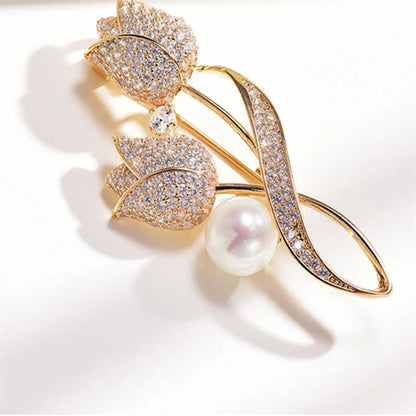 Luxury Tulip Flower Brooch Pin with White Stone – Elegant Rose Floral Jewelry for Women (2023 Design)