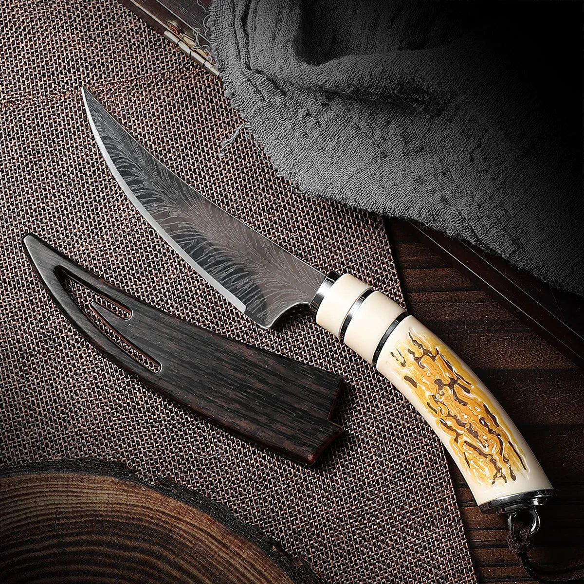 Damascus Style Boning Knife - Sharp Curved High Hardness Kitchen Fruit & Meat Cutting Knife