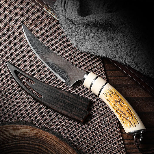 Damascus Style Boning Knife - Sharp Curved High Hardness Kitchen Fruit & Meat Cutting Knife