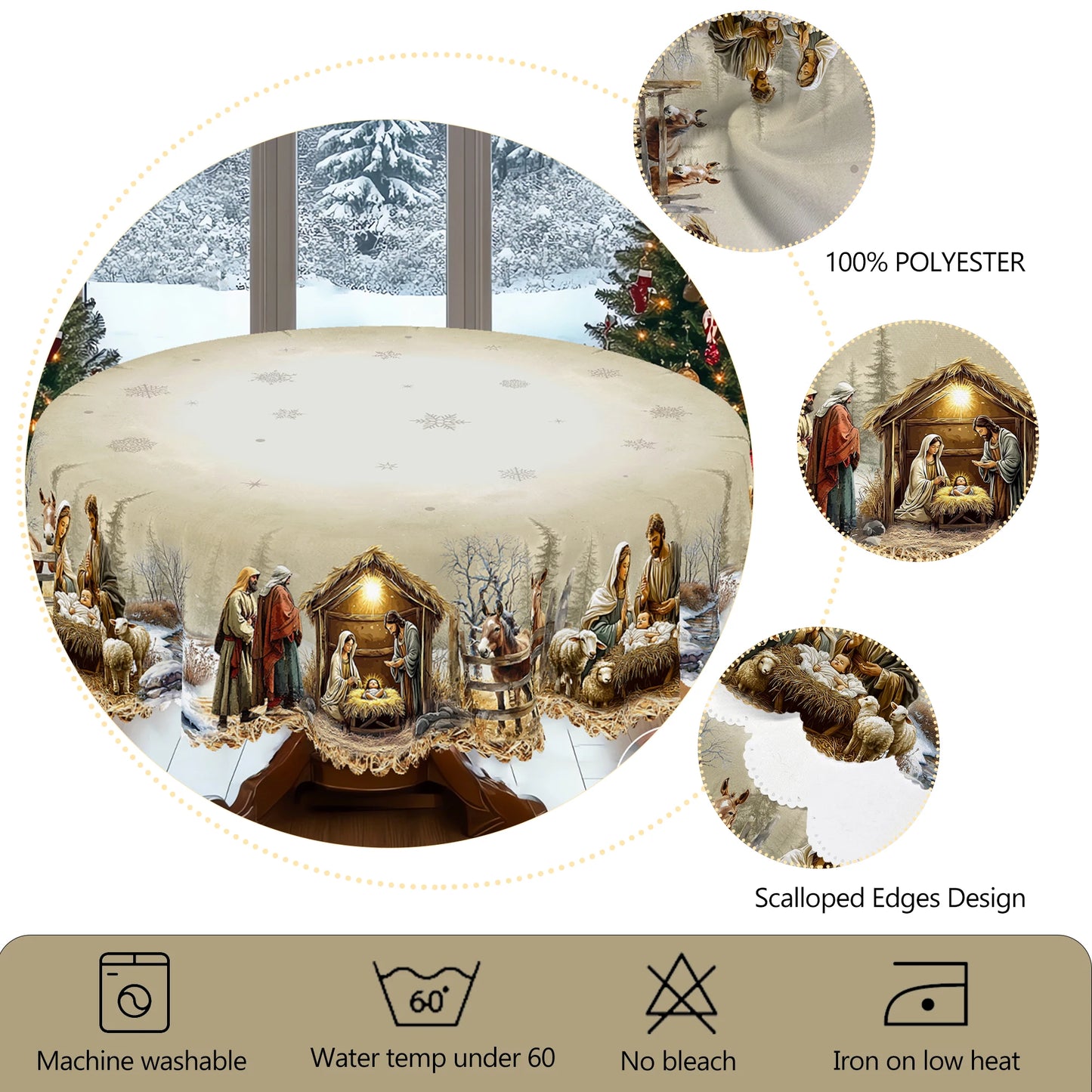 Christmas Nativity Scene Tablecloth – Yule Home Party Decor for Indoor & Outdoor, Round & Rectangular Tables