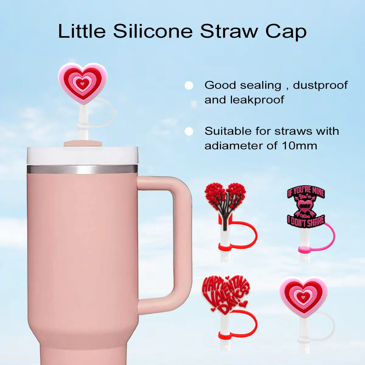 Leeseph 4-Piece Valentine Straw Covers - Cute Red and Pink Silicone Tips, Reusable for 7-8mm Diameter Straws