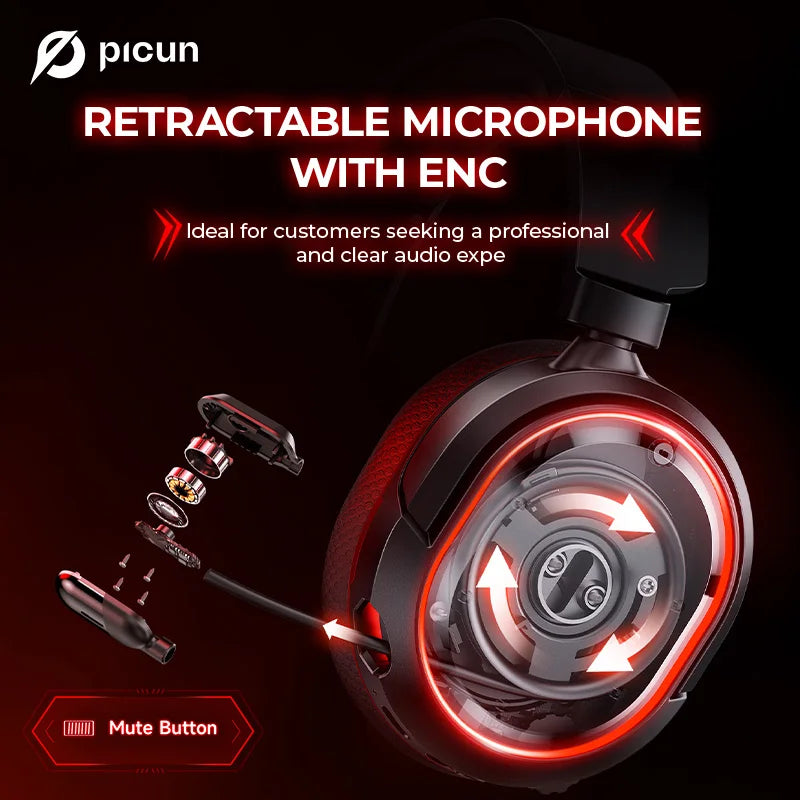 Picun G2 Wireless Gaming Headset – 2.4G & Bluetooth, 5ms Low Latency, 7.1 Surround Sound, ENC Mic for PC, PS4, PS5, Switch & Phone