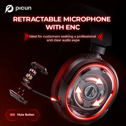 Picun G2 Wireless Gaming Headset – 2.4G & Bluetooth, 5ms Low Latency, 7.1 Surround Sound, ENC Mic for PC, PS4, PS5, Switch & Phone