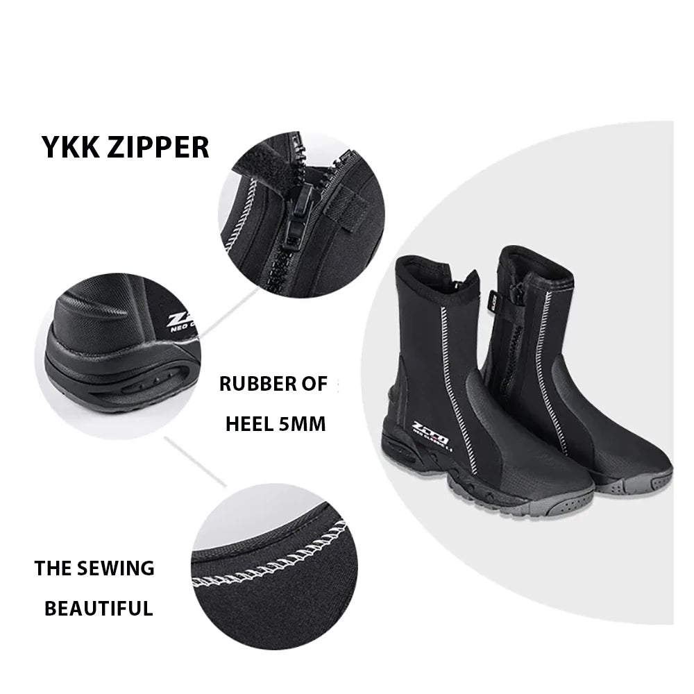 5mm Neoprene Dive Boots with Side Zipper — Unisex Snorkeling & Scuba Diving Shoes for Water Sports