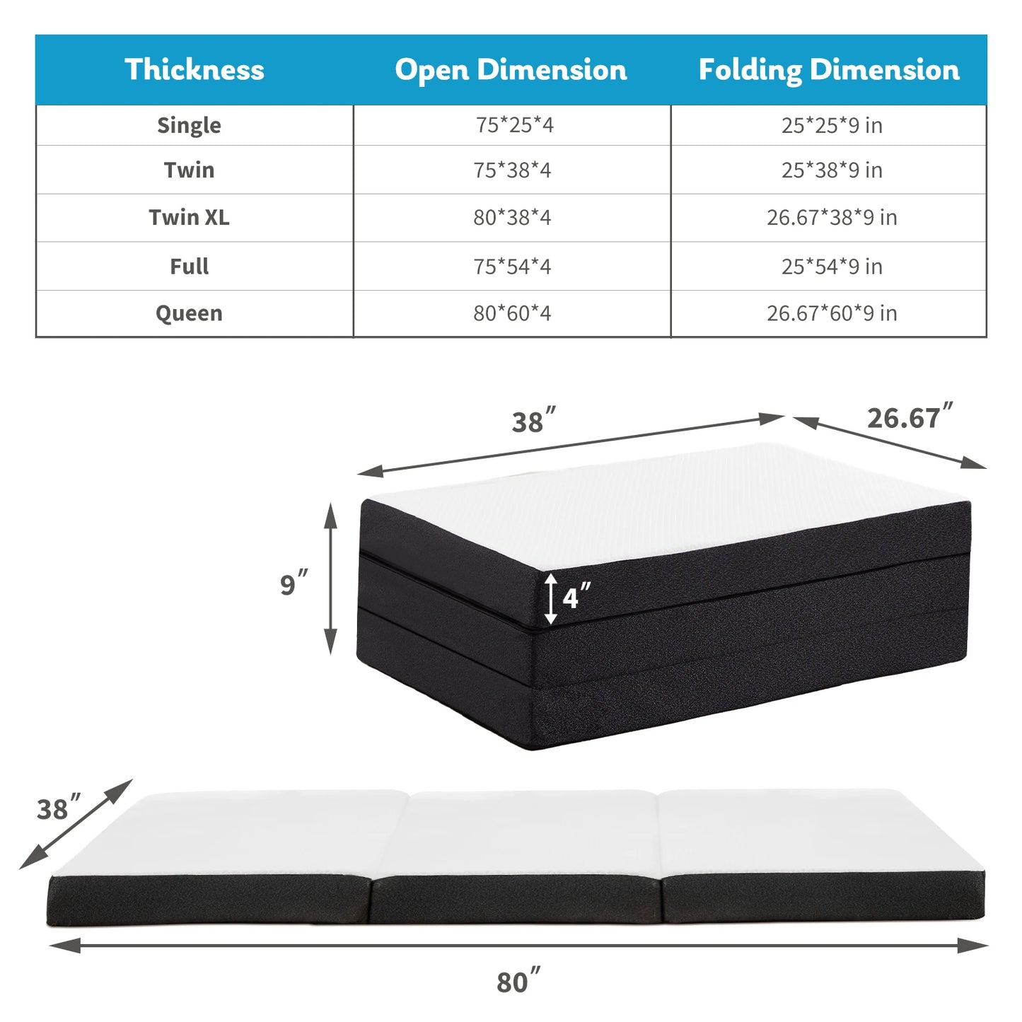 JHK Three-Fold Portable Floor Bed – CertiPUR-US Certified, Soft & Flexible Zipper Mattress for Travel, Camping, and Yoga