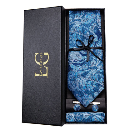 Hi-Tie Luxury Paisley Teal Green Tie Set - Men’s Classic Necktie with Handkerchief & Cufflinks Gift Box for Wedding & Formal Wear