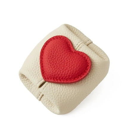Casual Solid Color Cowhide Coin Purse – Love Heart Square Multi-Function Small Bag for Coins, Earphones & Gifts