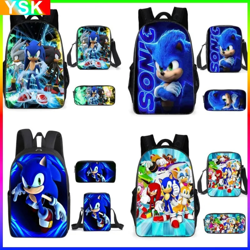 3PC Sonic Backpack School Bag Set – Anime Cartoon Zipper Backpack for Boys & Girls, Primary and Middle School Students