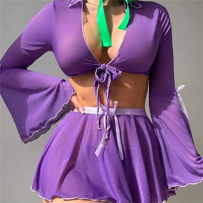 Women's Halloween Daphne 4-Piece Costume Set - Sheer Mesh Tie-Front Crop Top Flare Sleeve Skirt Scarf & Briefs