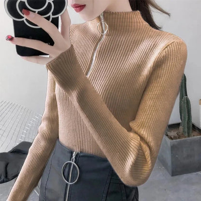 Women's Knitted Zipper Half High Neck Sweater - Slim Fit Solid Pullovers for Autumn/Winter, Basic Knitwear Tops