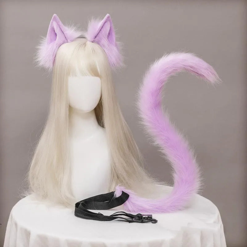 Plush Cat Ears Headband & Tail Set - Realistic Lolita Cosplay Accessories, Handmade Animal Ears for Halloween & Kawaii Costumes