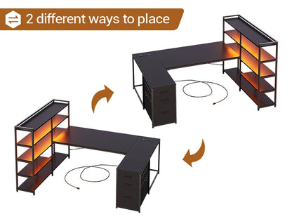 L-Shaped Gaming Desk – Reversible U Shaped Computer Desk with Power Outlet, Storage Shelves & LED Lighting